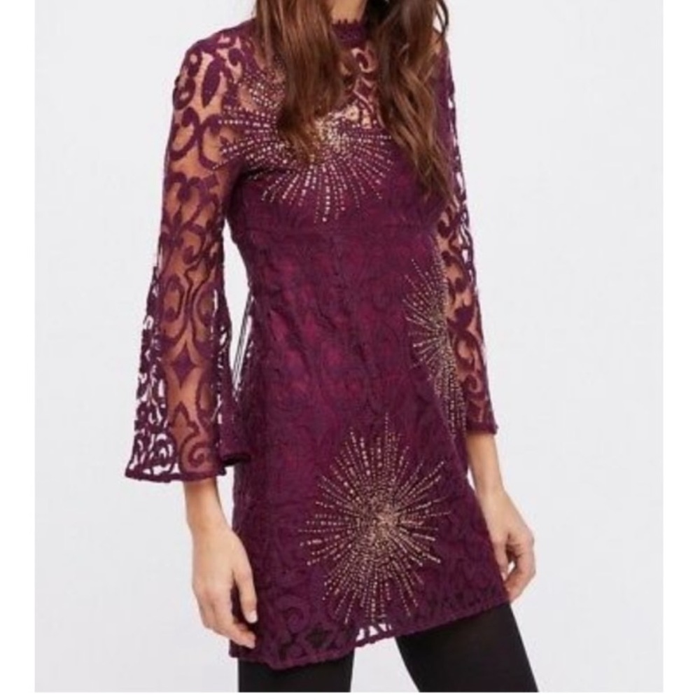 NWT Free People Burgundy Lace Sequin Dress Sz 4 Designer Party Dress Mini Dress